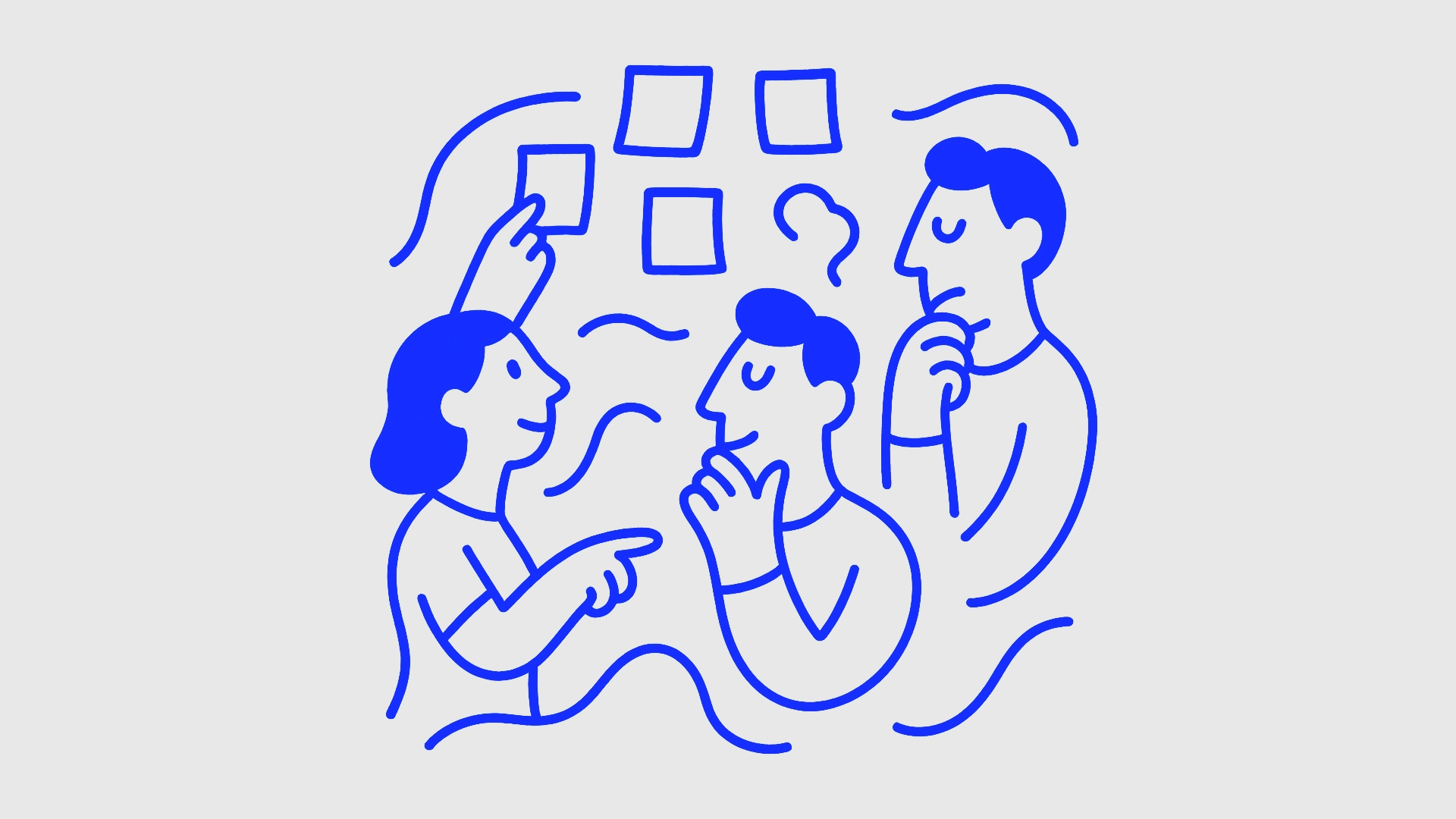 Ομάδα δημιουργικών επαγγελματιών σε brainstorming με post-it σε μπλε αφηρημένο στυλ, Square Design Studio.