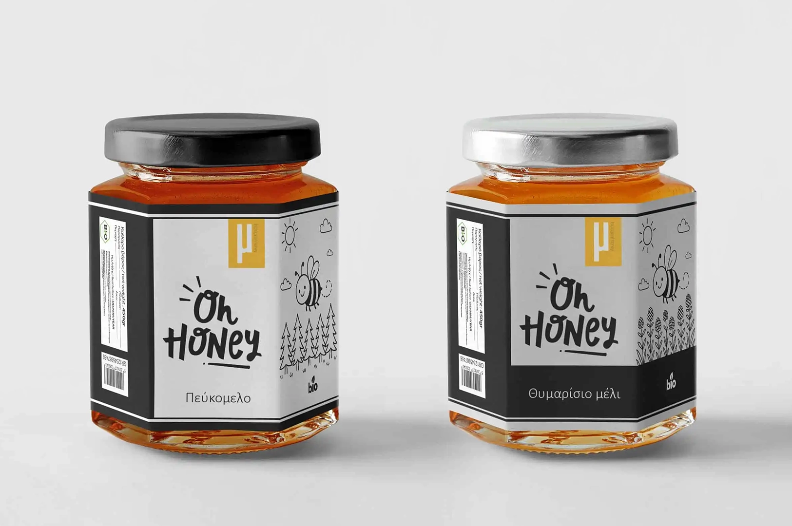 Ετικέτα Oh Honey – σχεδιασμός συσκευασίας με καθαρό layout για βιολογικό μέλι, από το Square Design Studio